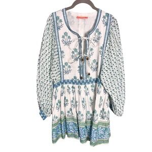 Oliphant Blue Floral‎ Block Print Mini Dress Cotton Balloon Sleeve Sz Small